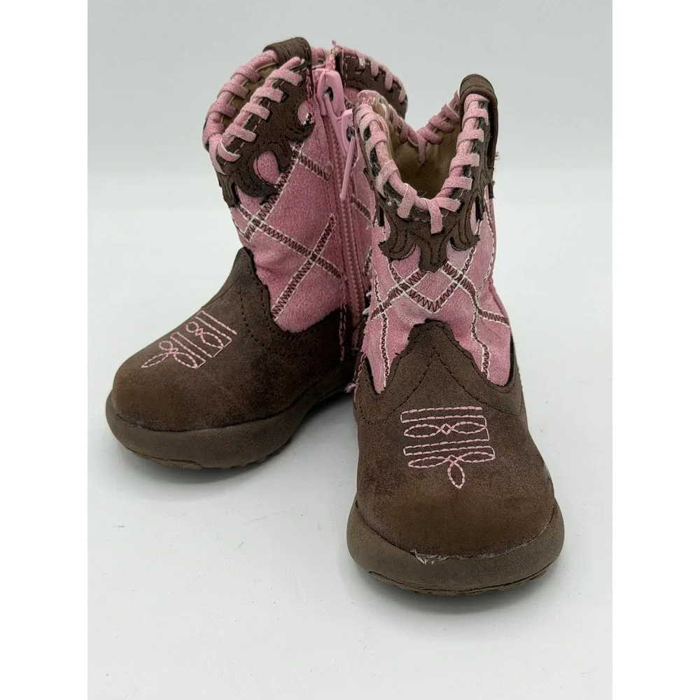 Roper Infant Girls Pink & Brown Lacy Western Boots Side Zipper Size 2